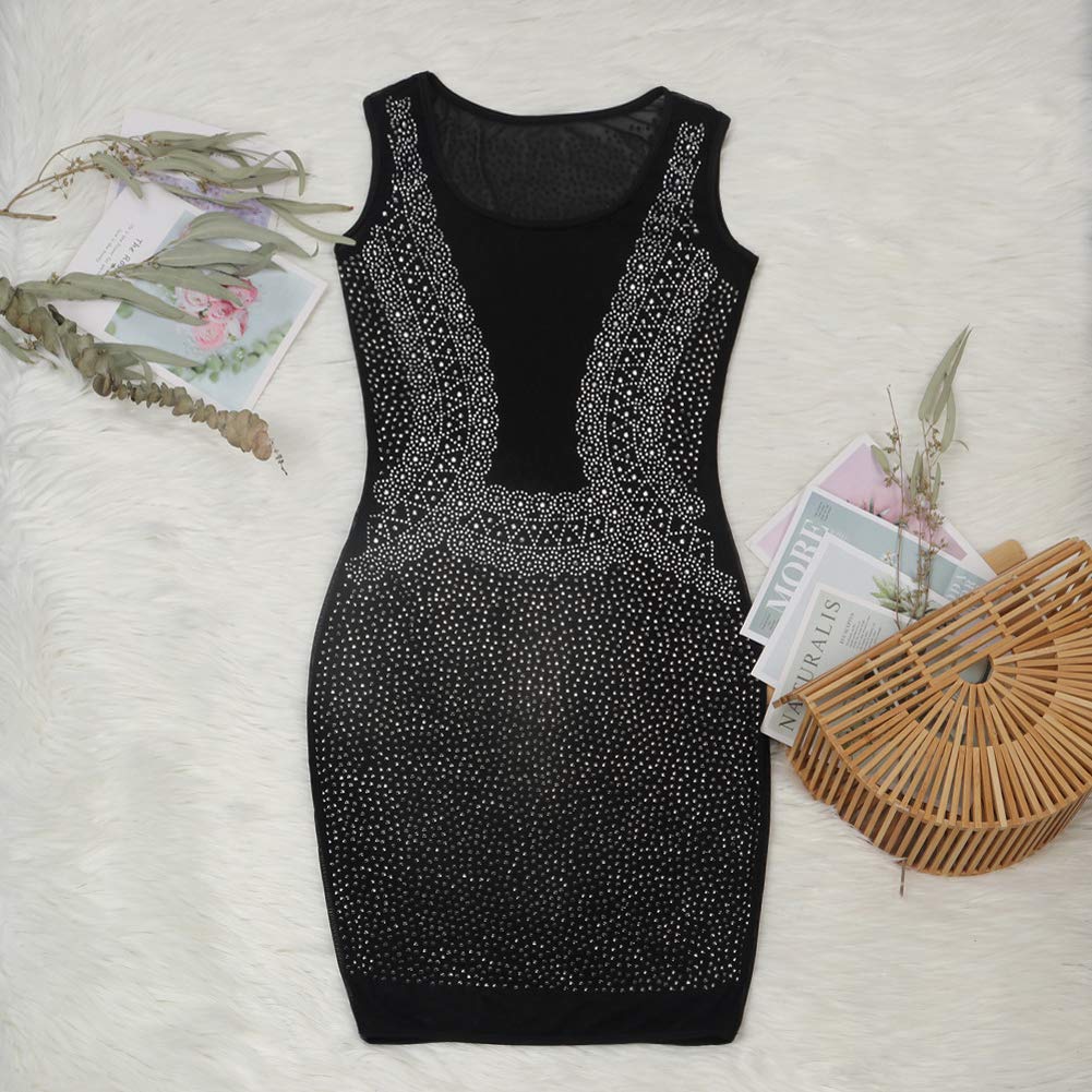 JUNBOON Women's Sheer Mesh Rhinestone Party Dress - Short Sleeve Glitter Bodycon Club Dress for Night Out, Cocktail Party & Special Occasions