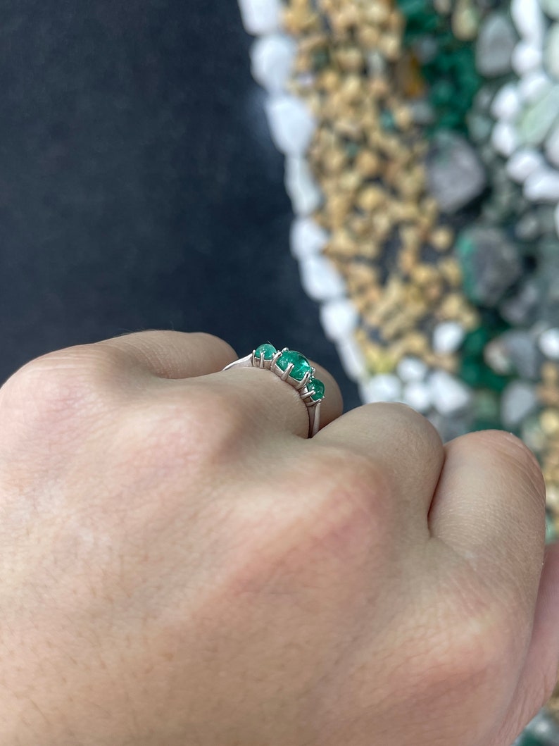 14K Gold Round Cabochon Cut Emerald Trilogy Ring - 1.30tcw, 6 Prong Setting, Elegant Statement Jewelry for Weddings, Anniversaries & Special Occasions