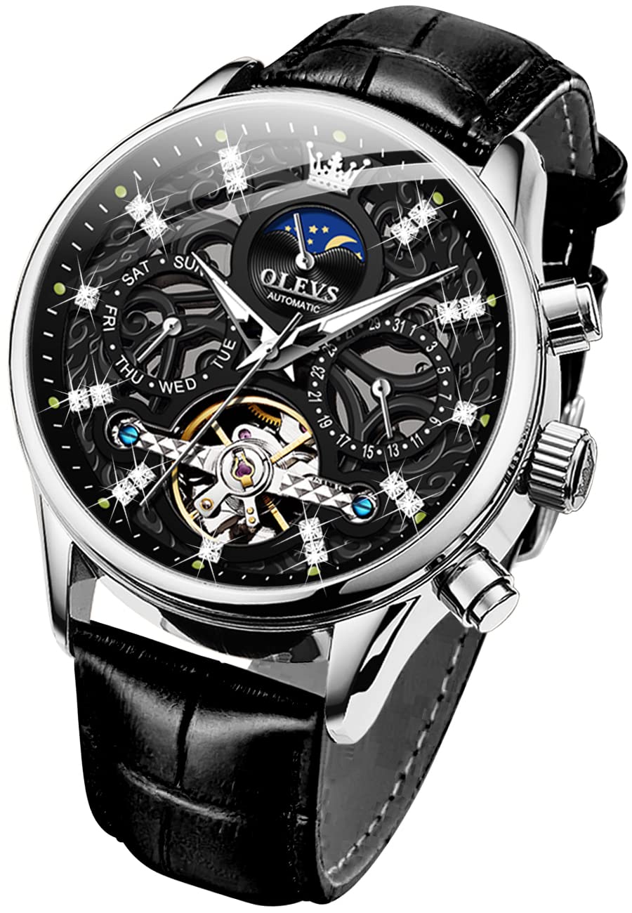 OLEVS Men's Luxury Automatic Mechanical Skeleton Watch with Diamond, Moon Phase & Luminous Hands - Waterproof Dress Watch for Business, Formal Events & Gifts