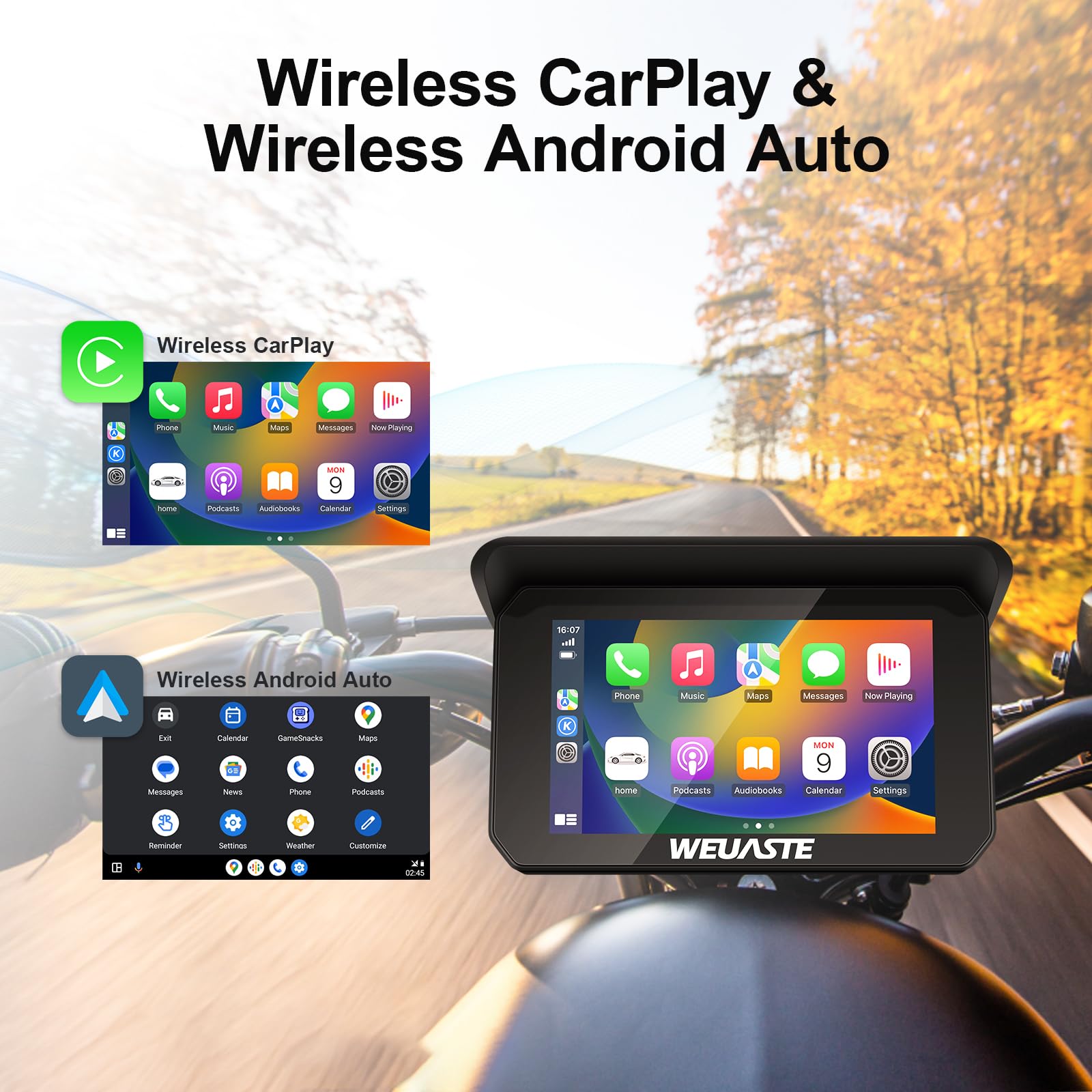 5 Inch Motorcycle GPS Navigation with Wireless CarPlay & Android Auto - Waterproof IPS Touchscreen, Bluetooth, Siri & Google Assistant Support - Perfect for Touring, Commuting & Adventure Riding