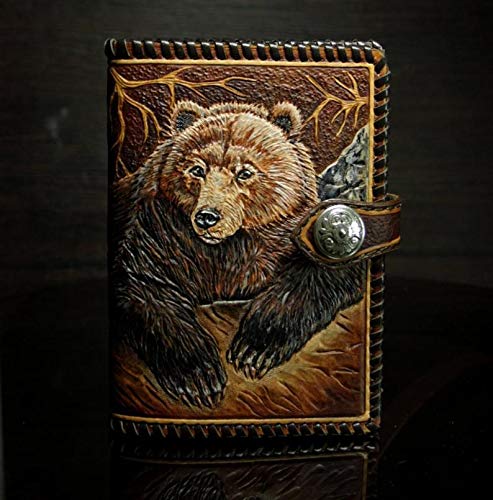 Handmade 3D Carved Genuine Leather Wallet for Men - Biker Style Long Wallet with Custom Bear Design - Personalized Hand-Painted Leather Carving Gift for Dad, Husband, Boyfriend - Perfect for Motorcycle Riders, Outdoor Enthusiasts & Western Style Lovers