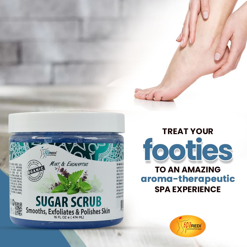 SPA REDI - Mint & Eucalyptus Sugar Body Scrub 16 Oz - Exfoliating & Moisturizing for Smooth, Glowing Skin - Hydrating Body Polish with Natural Ingredients - Perfect for Spa Day, Dry Skin Care & Self-Care Routine