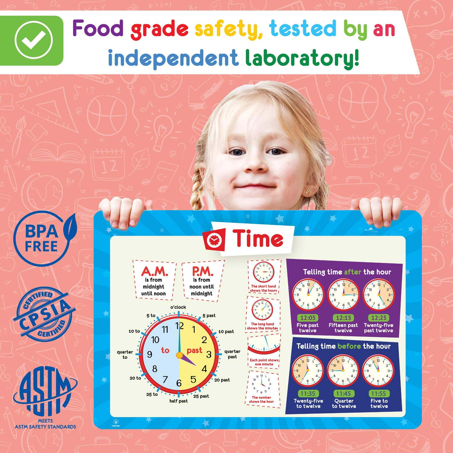 Simply Magic 5 Non-Slip Washable Reusable Kids Placemats - Educational Toddler Placemats with Money, Numbers, Weather, Seasons, Calendar & Time - Perfect for Dining, Learning & Playtime at Home or School