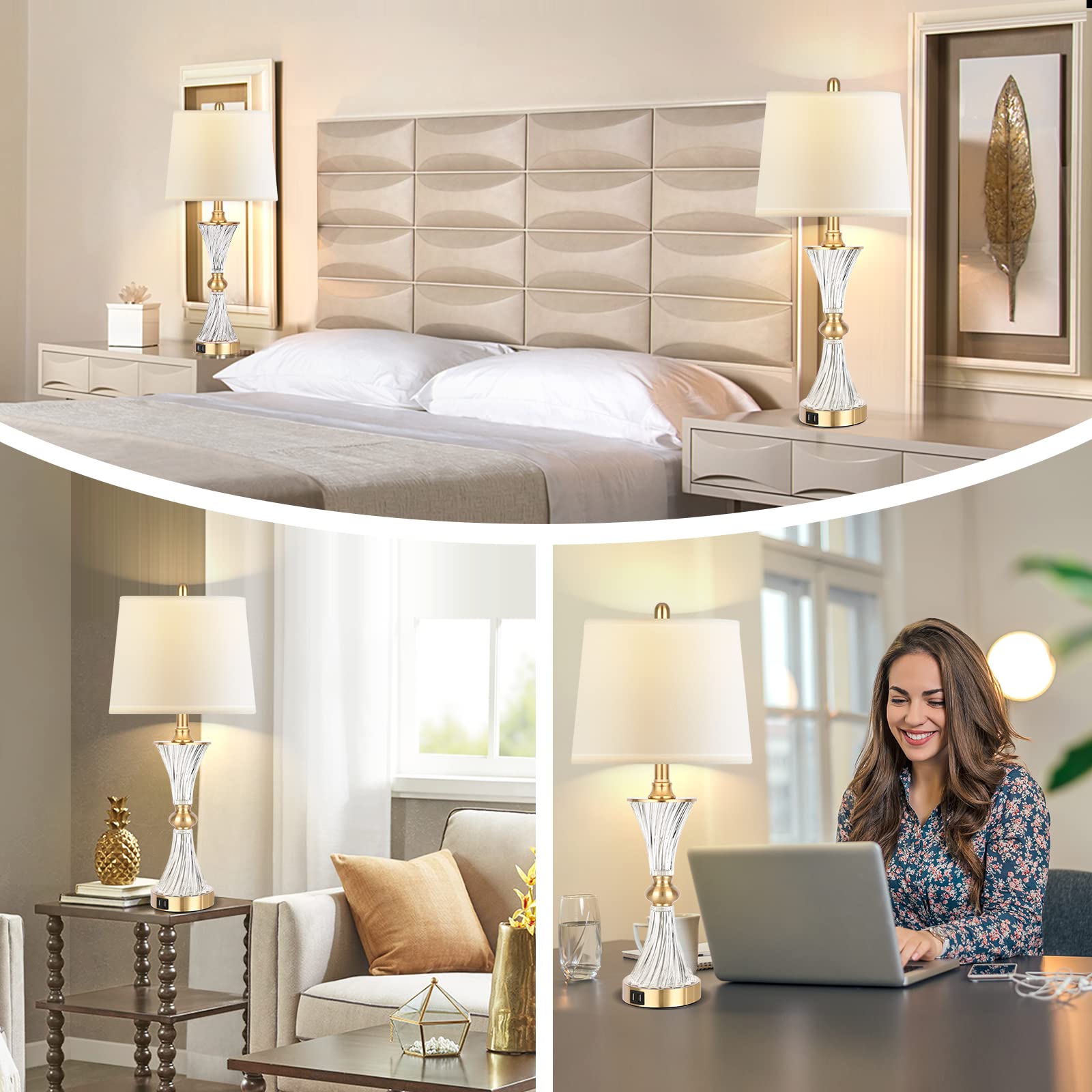 Modern Touch Table Lamps Set of 2 - 3-Way Dimmable Gold Glass Bedside Lamps with USB Charging Ports (2 Bulbs Included) for Bedroom, Living Room & Nightstand - Perfect for Reading, Relaxing and Charging Devices