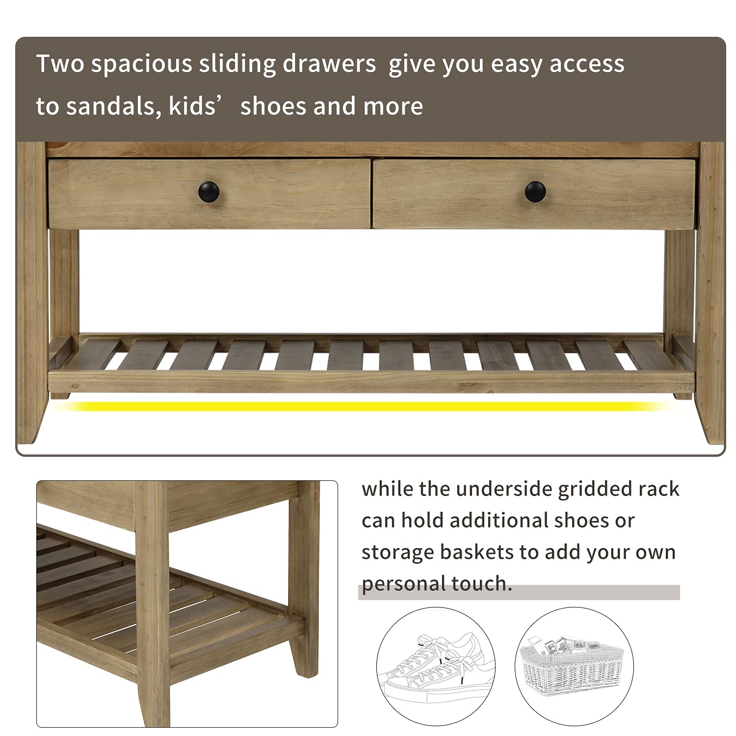 Quarte Farmhouse Shoe Bench with Cushioned Seat & Storage Drawers - Rustic Wooden Entryway Shoe Rack for Hallway, Living Room & Dining Room - Perfect for Organizing Shoes, Coats & Home Decor (Gray Wash)