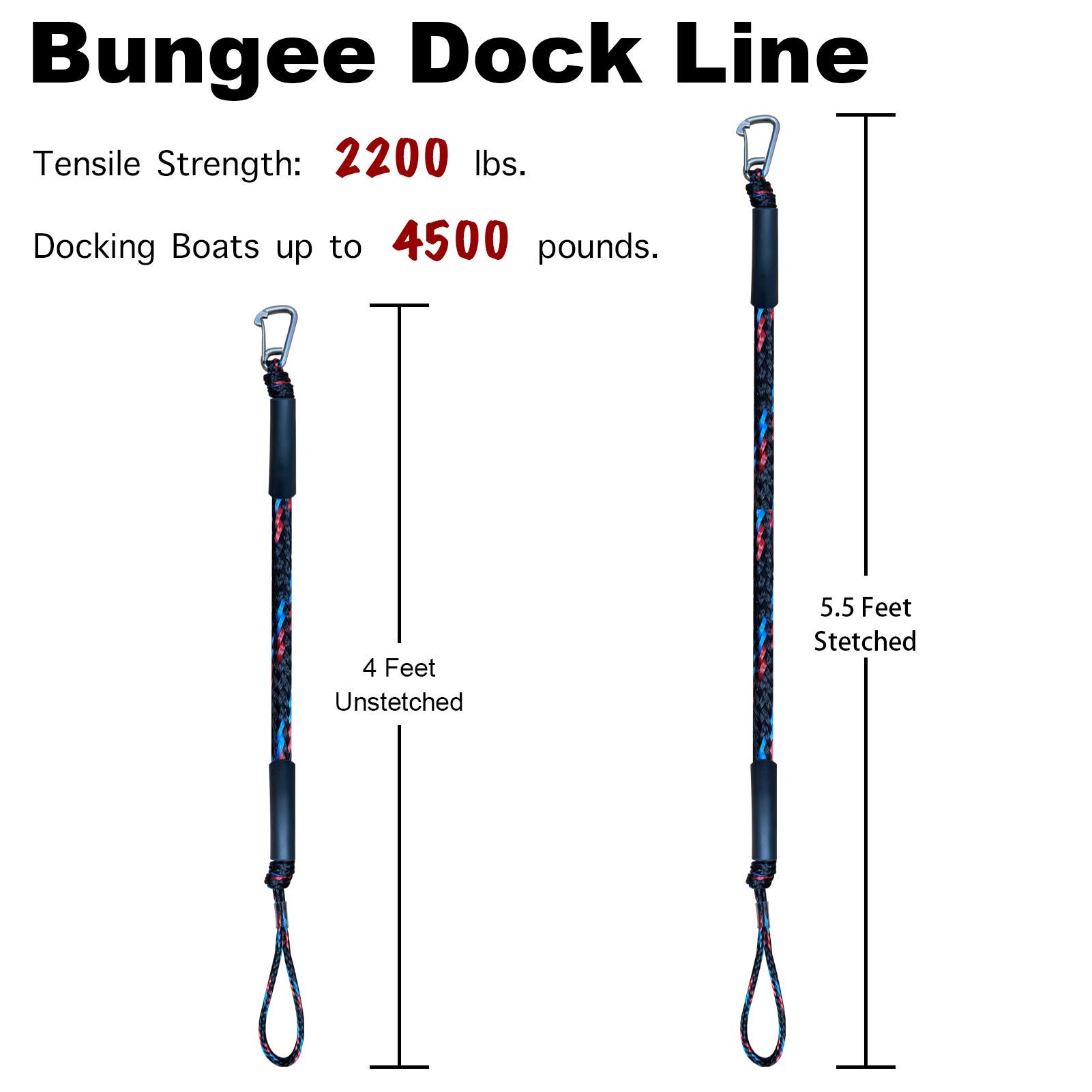 4ft Bungee Dock Line with Snubber - 2 Pack for Kayak, Canoe, Boat