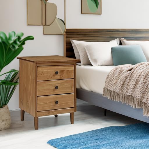 Walker Edison Traditional Wood 3-Drawer Nightstand - 18 Inch Caramel Finish Bedside Table with Storage Shelf | Perfect for Bedroom, Living Room & Guest Room Organization