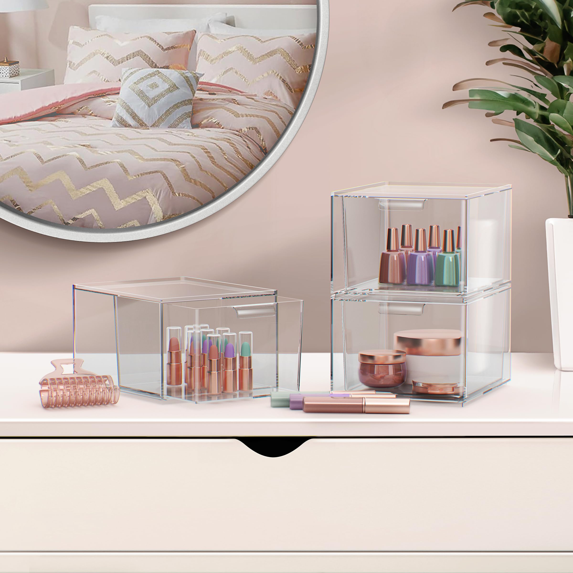Clear Stackable Storage Drawers 4-Pack - Acrylic Organizer for Vanity, Bathroom & Kitchen | Home Organization Solution