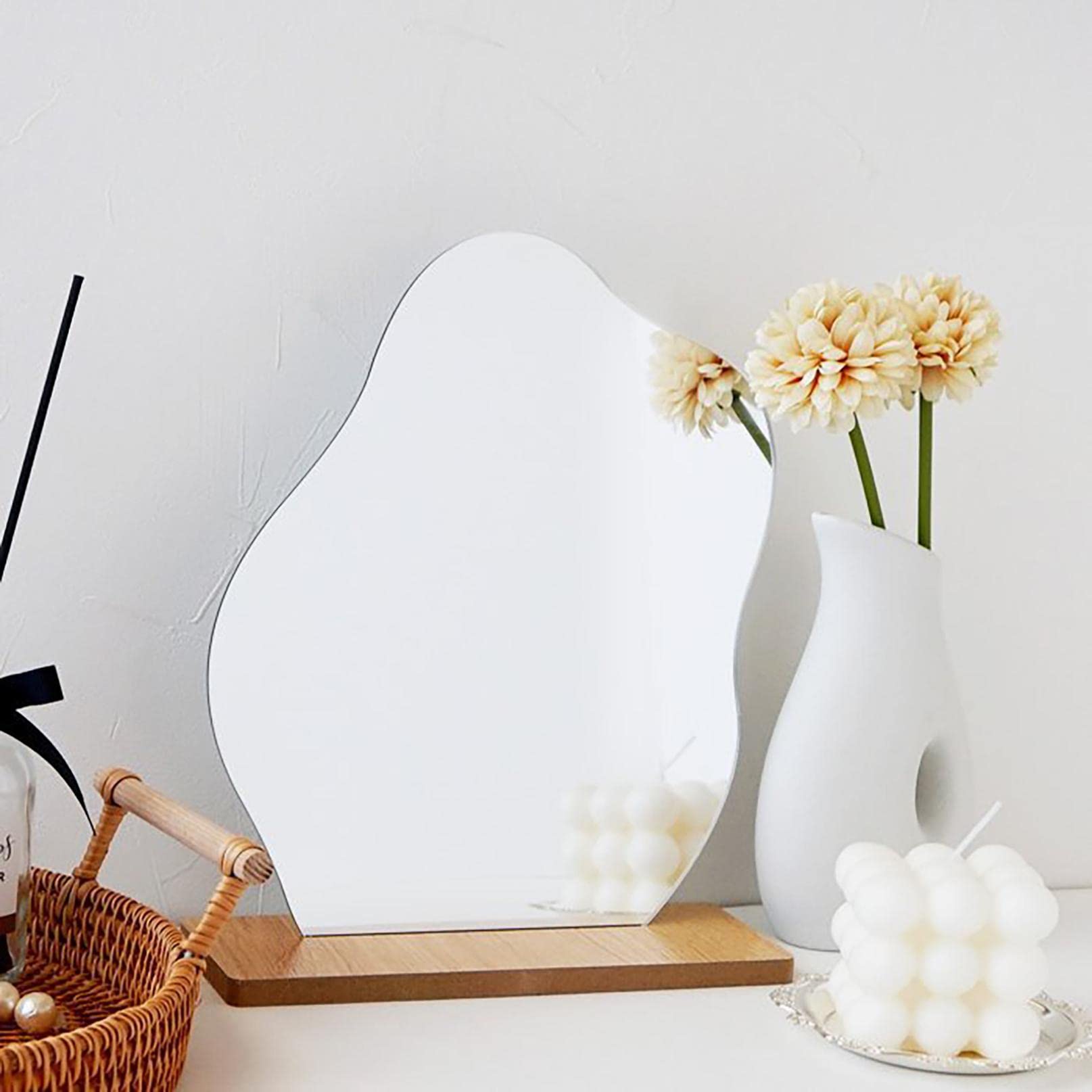 Desktop Acrylic Makeup Mirror with Stand - Aesthetic Vanity Mirror with Wooden Base for Bedroom, Office & Living Room Decor | Perfect for Makeup Application, Home Decoration & Small Spaces