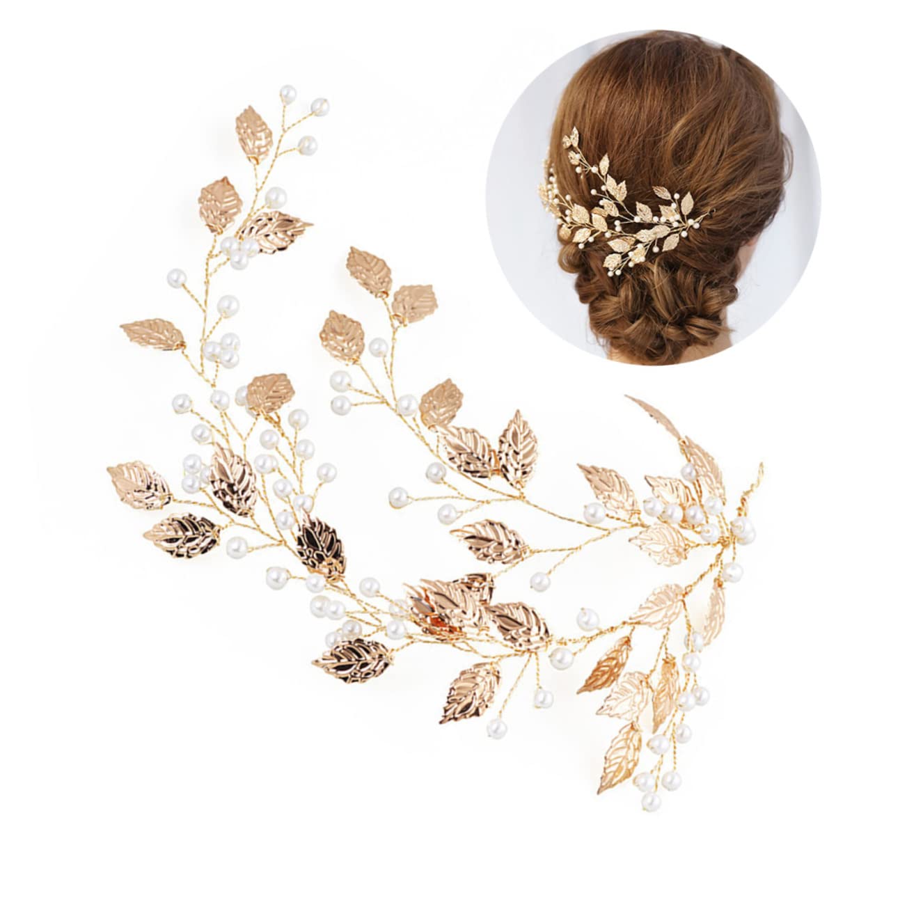 POPETPOP Pearl Golden Leaves Wedding Headband for Women - Elegant Bridal Hair Accessories, Headpiece for Wedding, Party, Prom, and Special Occasions