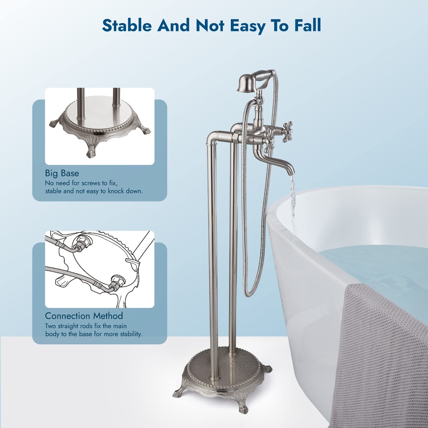 Brushed Nickel Freestanding Bathtub Faucet - Floor Mount Tub Filler with Double Cross Knobs & Handheld Shower - Modern Telephone Shape Bath Mixer Tap for Spa-Like Bathroom Relaxation