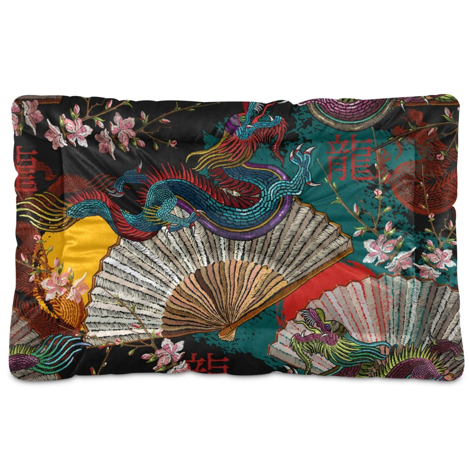 KEEPREAL Asian Colorful Dragons Pet Bed - Ultra Soft Rectangle Dog Bed & Cat Bed for Small Medium Pets (24x18in) - Calming Comfort for Puppies & Kittens - Perfect for Home, Office & Travel Use