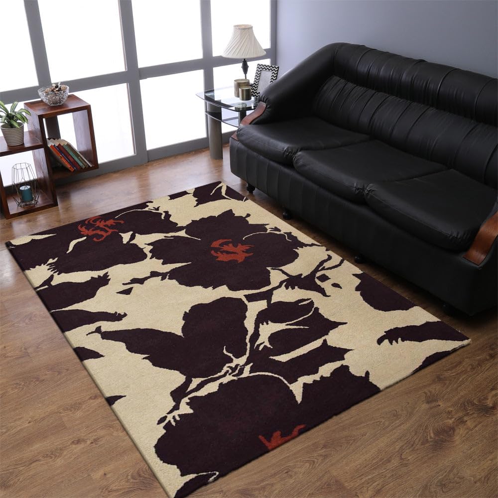 Hand Tufted Wool Eco-Friendly Area Rugs 4x6 Feet - Rectangle Cream & Brown Floral Modern Design High Pile Thick Handmade Rug for Living Room Bedroom Home Decor (K00506) | Perfect for Cozy Living Spaces, Boho Chic Interiors & Bedroom Accents