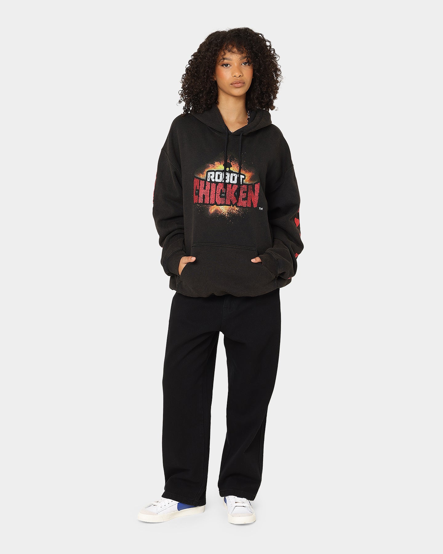 Vintage American Thrift Chicken Boom Hoodie - Black Wash Distressed Style | Retro Streetwear for Men & Women | Perfect for Casual Wear, Urban Fashion, and 90s Nostalgia Looks