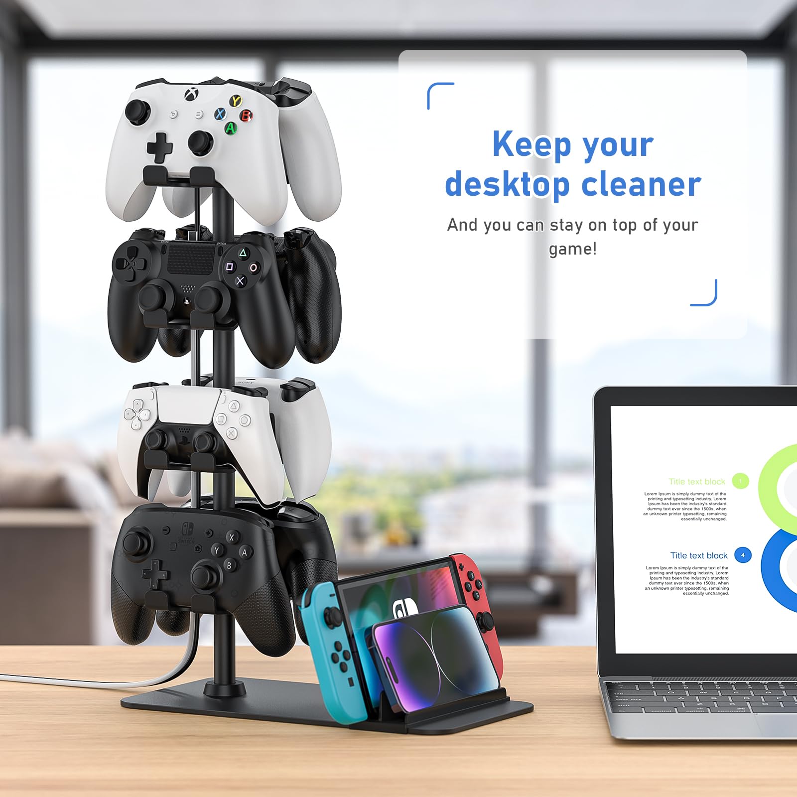 Xbox PS5 PS4 Switch Controller Holder Stand - 8 Gaming Controller Organizer Rack for Desk with Headset/iPad/Phone Storage - Perfect Gaming Room Accessories & Gifts for Gamers - Ideal for Game Room Setup, Streaming Station & Console Organization