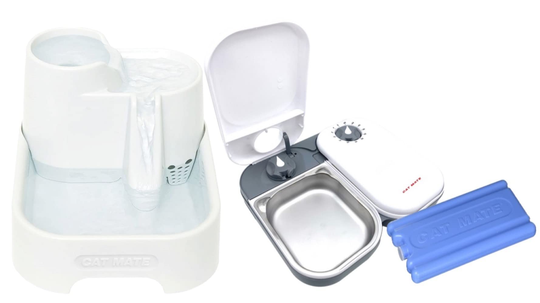Cat Mate 70 fl. oz. Automatic Pet Water Fountain with C200 Feeder - Stainless Steel Bowl & Ice Pack Bundle for Cats & Small Dogs - Perfect for Home, Office & Travel Use