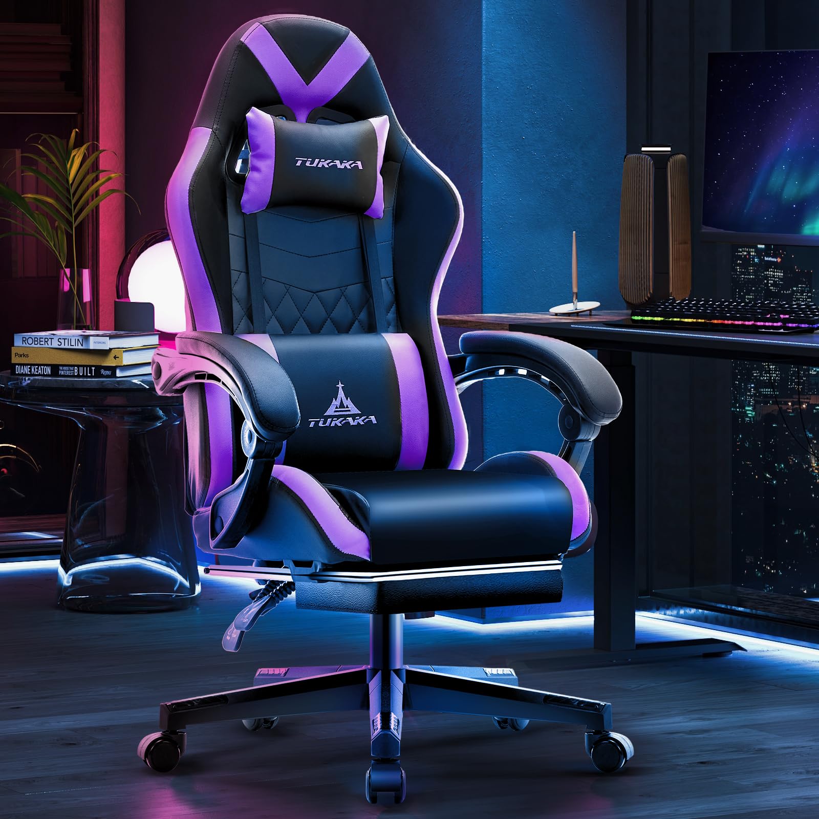 Premium Ergonomic Gaming Chair with Massage & Footrest - Adjustable Reclining Office Desk Chair with Lumbar Support & Headrest - Purple Gamer Chair for PC, Console & Home Theater Use