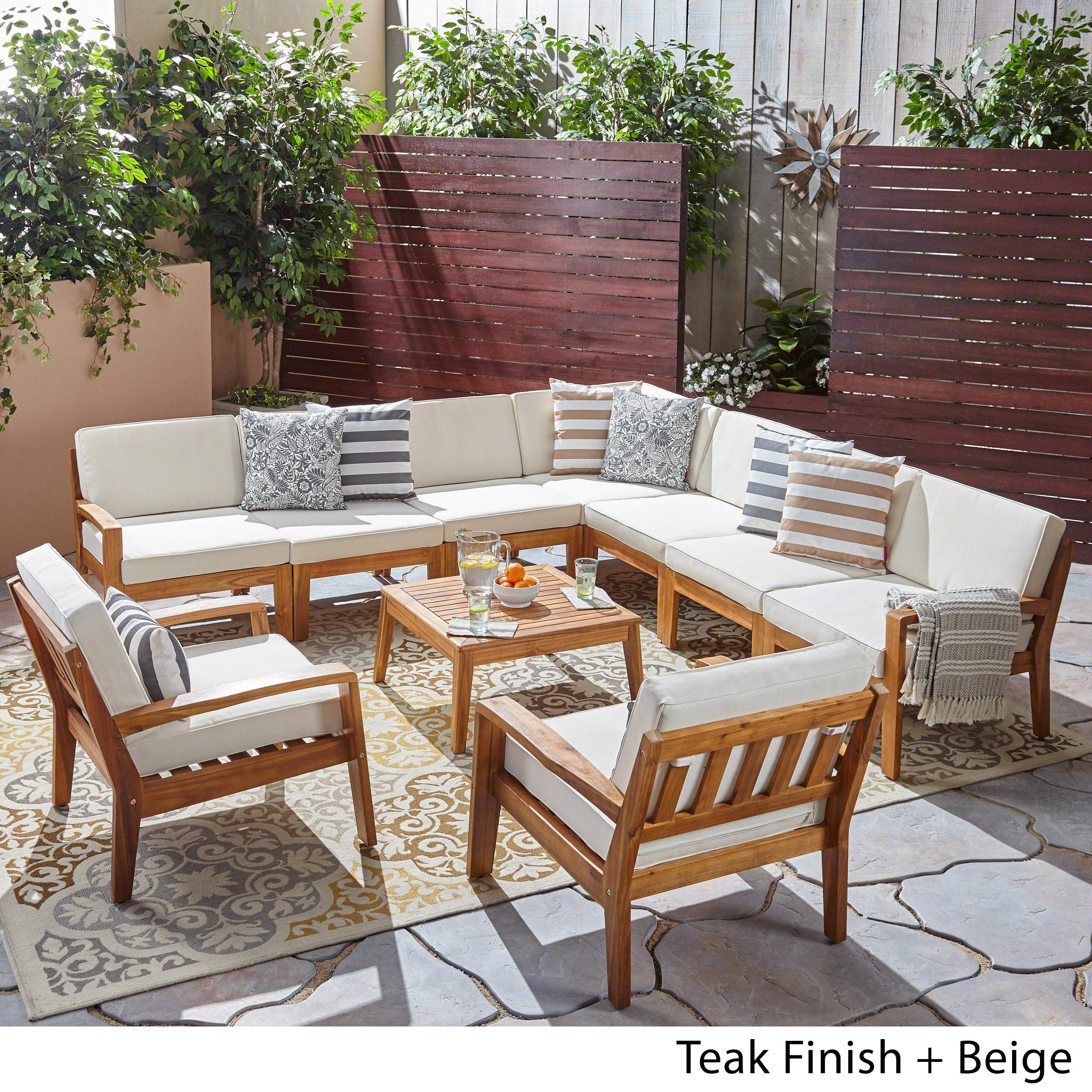 Premium 7-Piece Acacia Wood Patio Sectional Sofa Set with Cushions - Includes Coffee Table & Club Chairs | Teak & Cream Outdoor Furniture | Perfect for Backyard, Poolside & Garden Relaxation