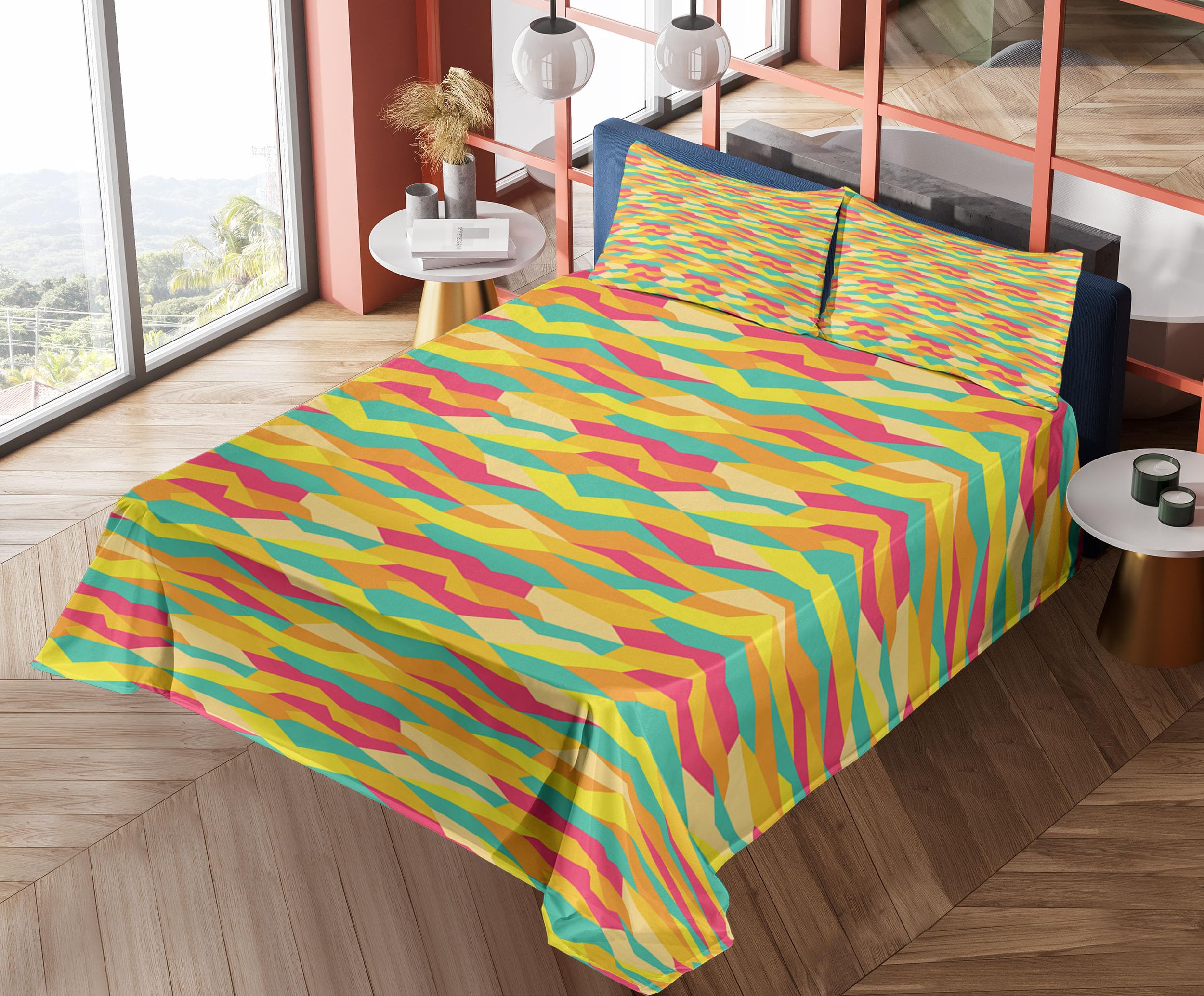 Ambesonne Geometric Bed Sheet Set 4-Piece - King Size, Jade Green & Marigold, Funky Prehistoric Tile Design, Fitted & Flat Sheets with Pillowcases | Modern Bedroom Decor, Guest Room Essentials, Unique Gift Idea
