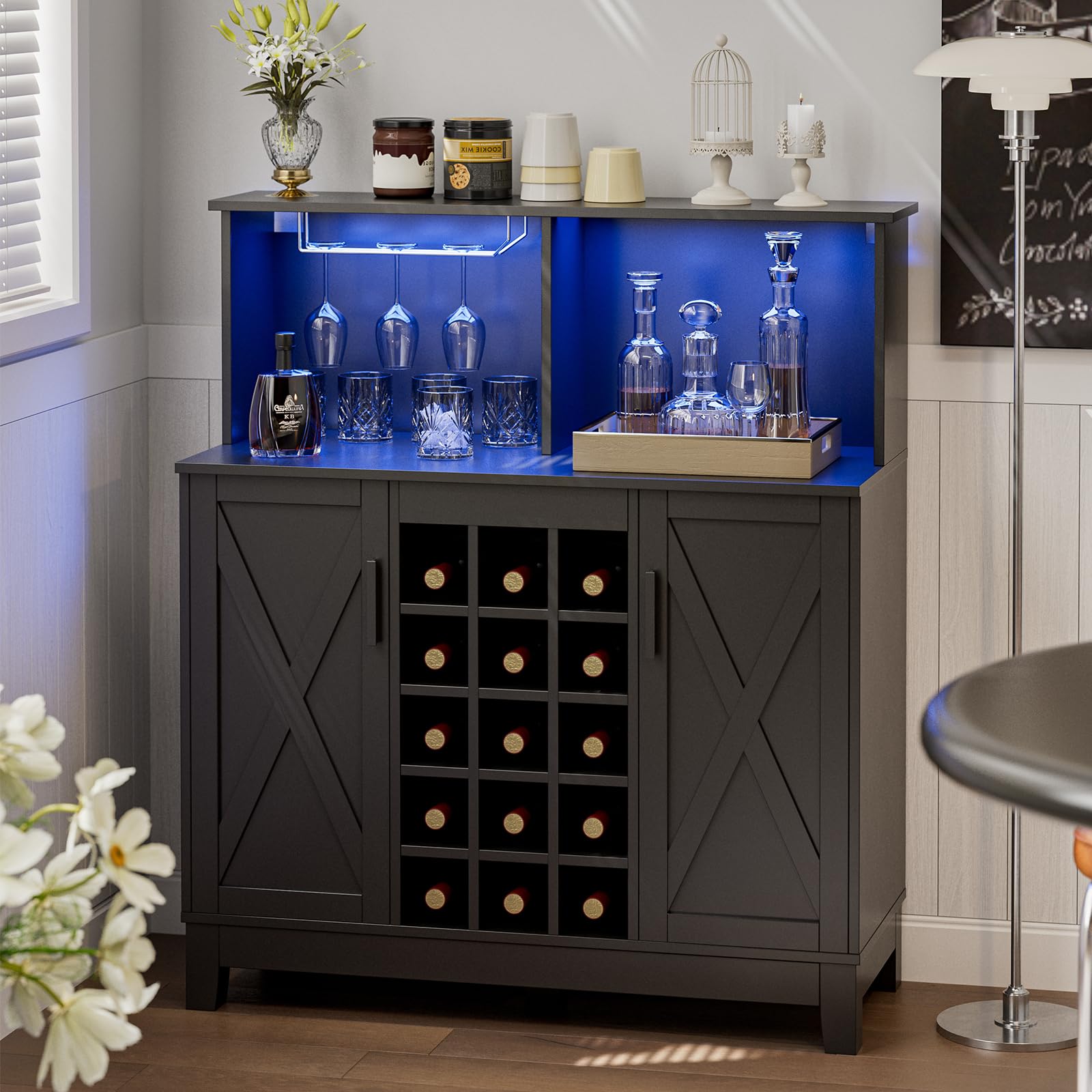Farmhouse Coffee Bar Cabinet with LED Lights - 39