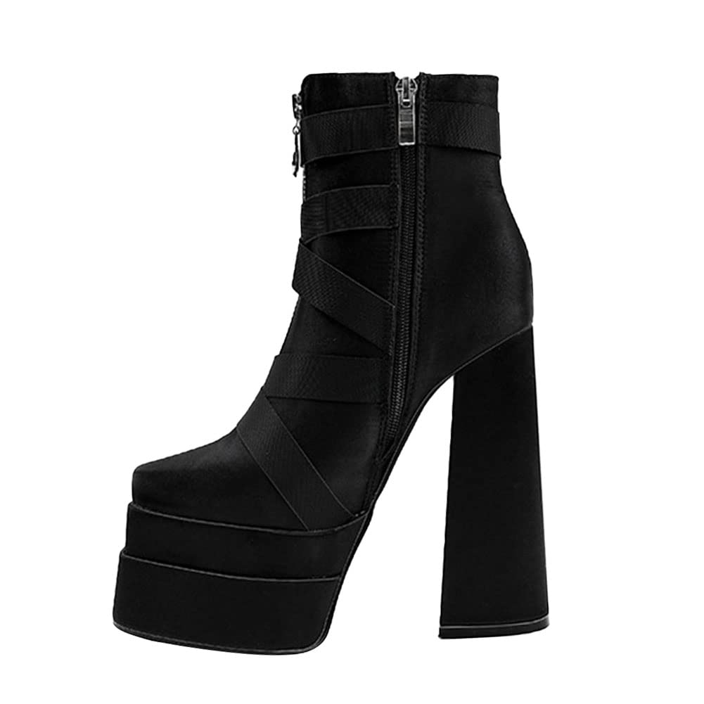 CELNEPHO Women's Punk Ankle Boots - Chunky Block Heel, Lace Up & Zip Closure, Square Toe Motorcycle Combat Boots with Platform | Fashionable for Night Out, Street Style & Fall/Winter Outfits