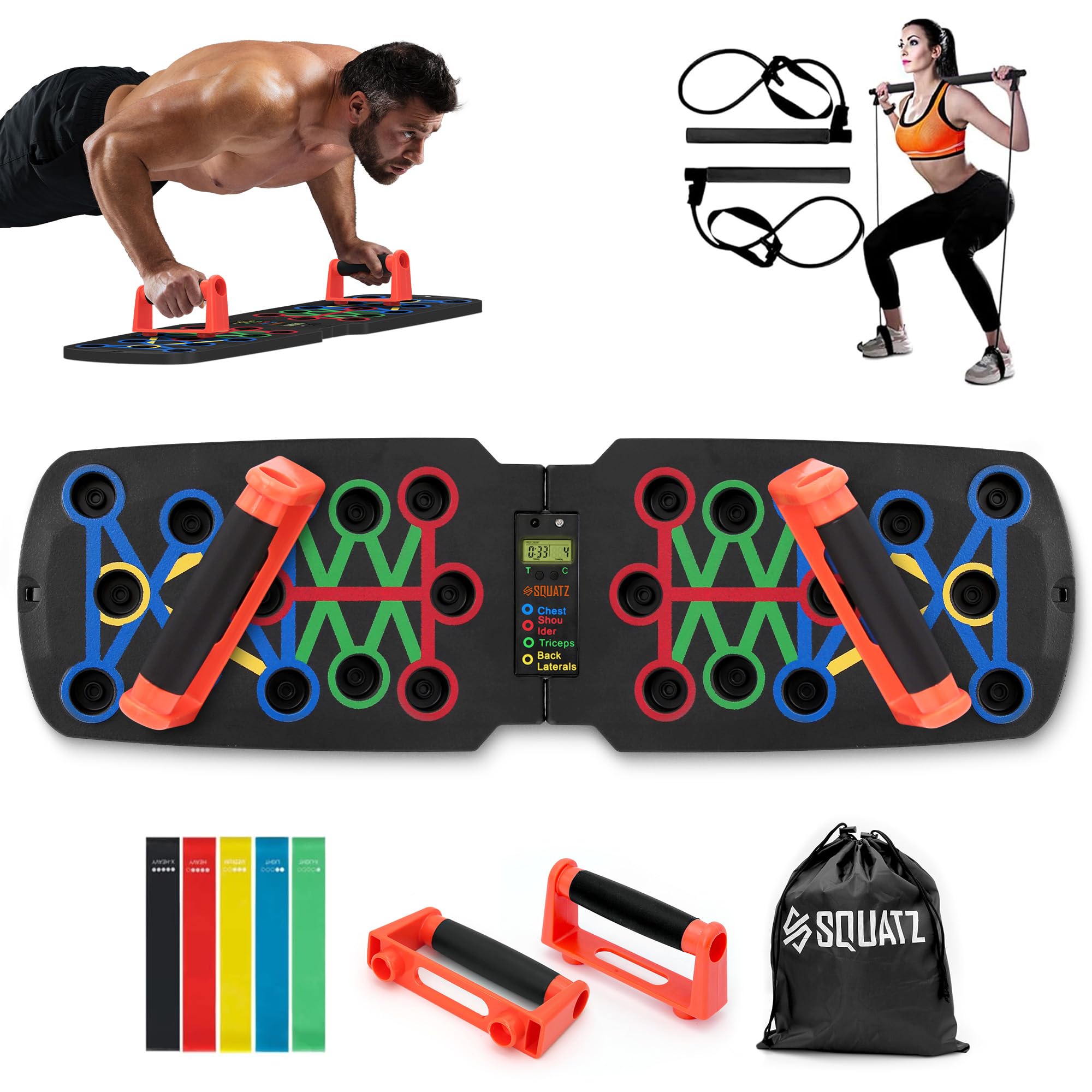 SQUATZ Portable Push Up Board with Resistance Bands, Pilates Rods & Fitness Mat - 5-Piece Workout Kit for Strength Training, Physical Therapy & Home Gym - Supports 661.4 lbs - Perfect for Travel, Office & Outdoor Fitness