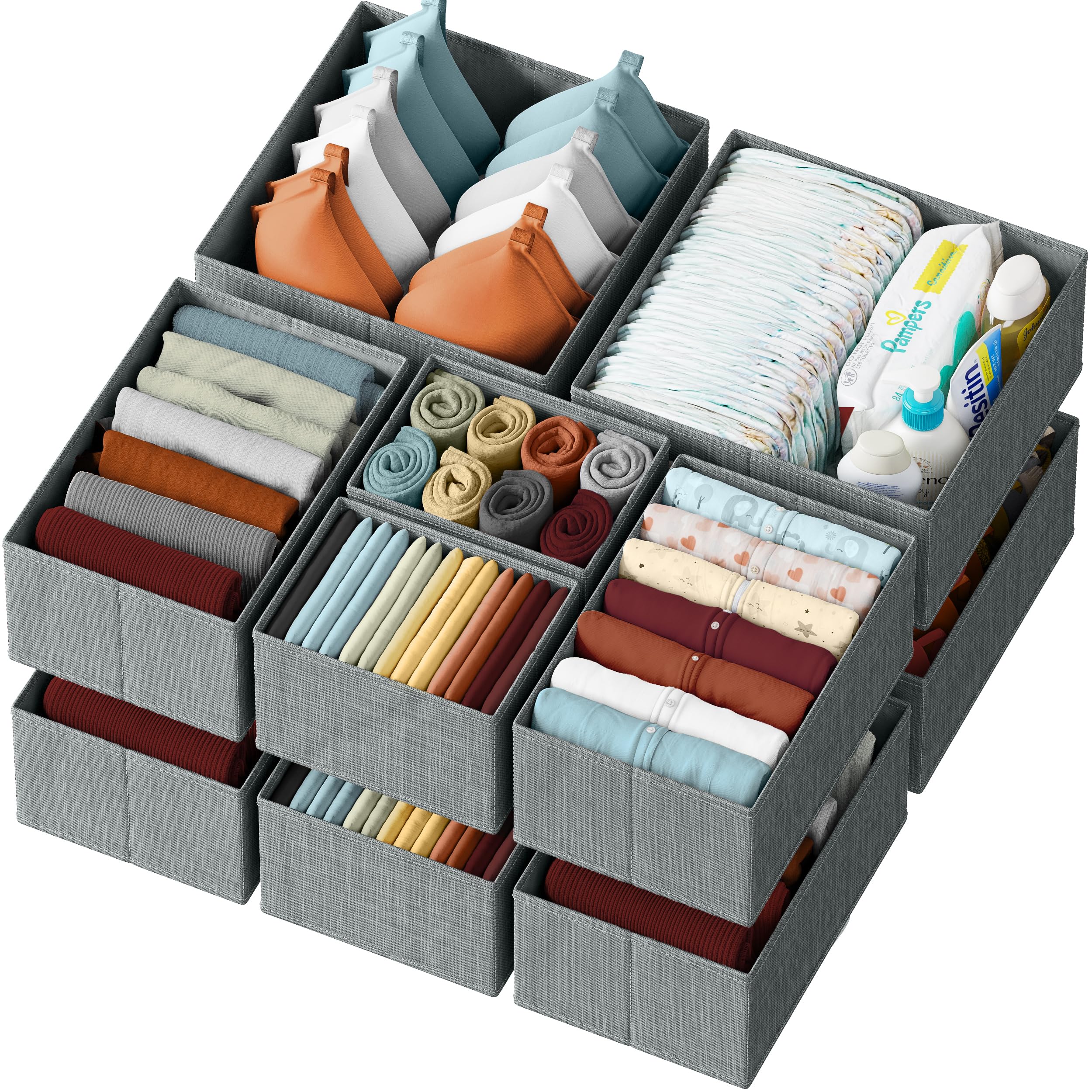 12-Piece Grey Drawer Organizer Set for Clothes - Baby Dresser Organizer for Nursery, Bedroom & Closet Storage - Perfect for Baby Clothes, Socks, Underwear & Accessories Organization - Ideal for Nursery, Kids Room & Home Organization
