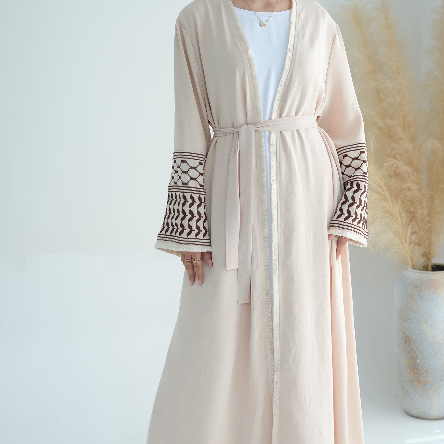 Elegant Kufiya Open Abaya Set in Sand Color - Modest Muslim Prayer Dress for Women - Perfect for Eid, Ramadan & Special Occasions