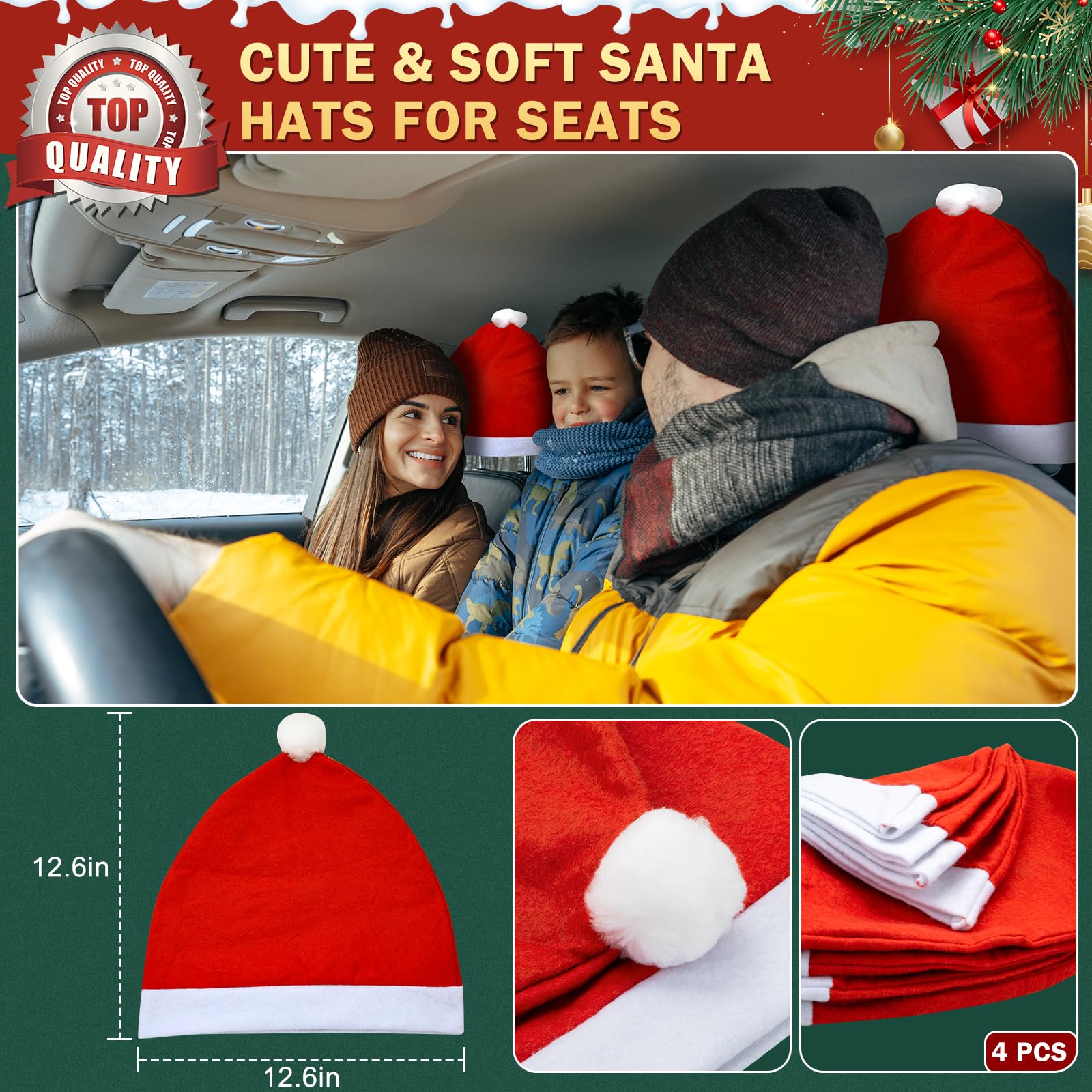 16.7 Inch Dark Brown Christmas Reindeer Car Decor Kit with 4 Adorable Santa Hats - Universal Fit for Most Vehicles, Perfect for Holiday Road Trips and Festive Car Decorations