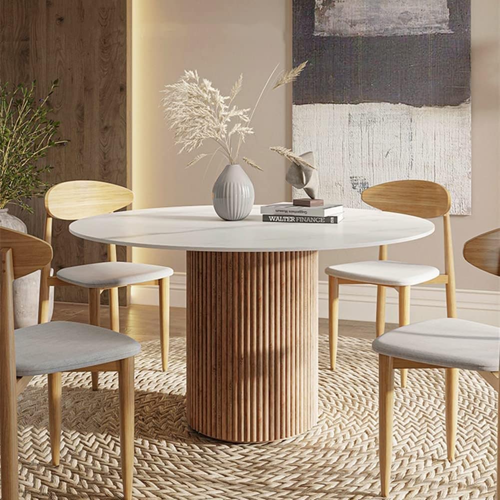 Modern Round Pine Solid Wood Dining Table with White Marble Top - 43.3
