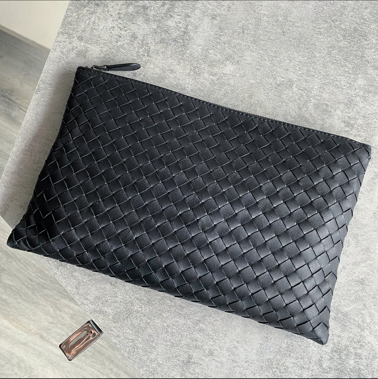 Bottega Veneta Black Intrecciato Leather Small Pouch Clutch Bag for Women | Luxury Crossbody Handbag for Evening Parties & Date Nights