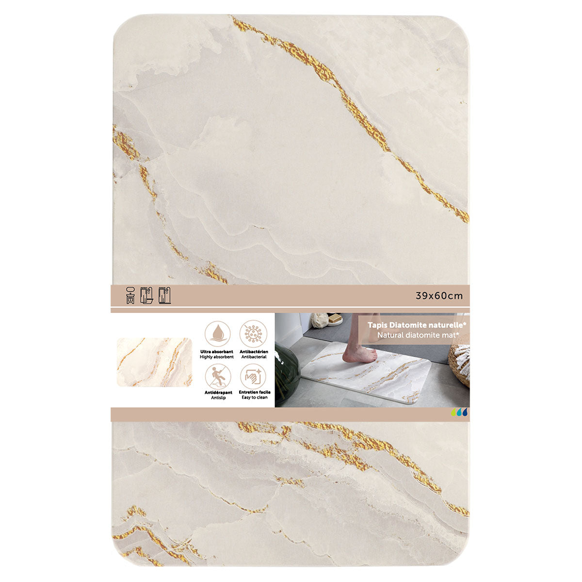 Premium Diatomite Bath Mat 39x60cm - Fast-Drying Natural Stone Floor Mat, Non-Slip Marble Pattern for Bathroom, Shower & Kitchen - Absorbs Water Instantly