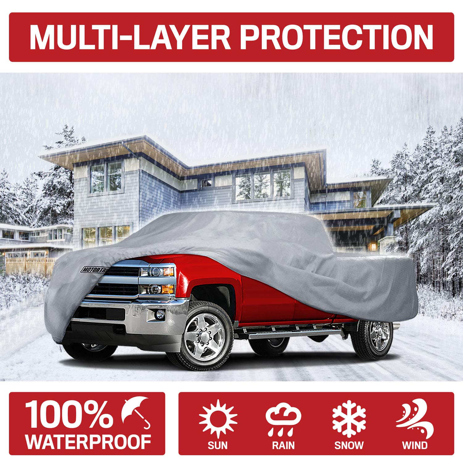 Motor Trend Heavy Duty Waterproof All Weather Truck Cover for Dodge Ram 1500 Crew Quad Cab - Indoor/Outdoor Protection, Winter Storage & Extreme Weather Protection - Perfect for Parking, Travel & Long-Term Vehicle Storage
