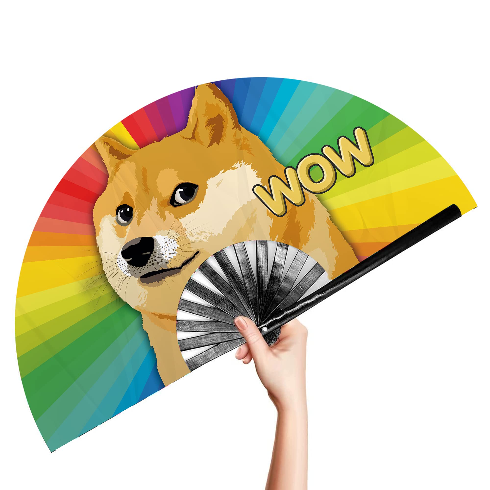 33cm Folding Rave Fan - Doge Wow Design - Loud Clack Bamboo Festival Fan for Dancing, Clubs, Performances & Events | Perfect for EDM Festivals, Raves & Outdoor Parties