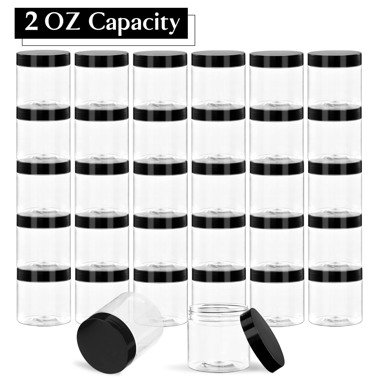 TUZAZO 2 Oz Small Plastic Jars with Lids - BPA Free Clear Round Cosmetic Containers for Lotion, Cream, Ointment, Makeup, Travel - 12 Pack Empty Slime Storage Jars with Labels - Perfect for DIY Beauty, Sample Kits & Organizing Small Items