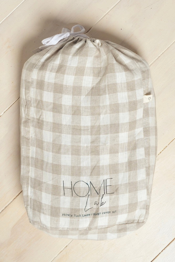 100% French Flax Linen Reversible Duvet Cover Set - Natural Gingham Pattern - King Size - Breathable & Soft Bedding for All Seasons - Perfect for Master Bedroom, Guest Room & Vacation Homes