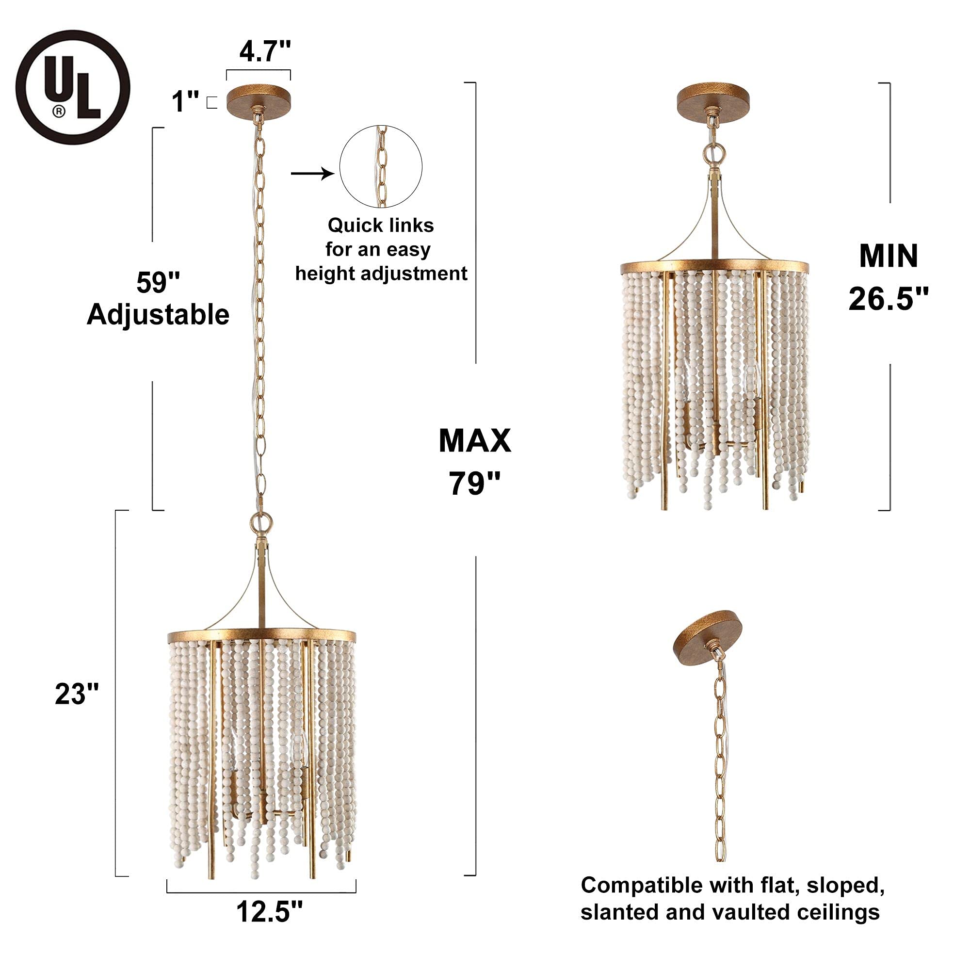 3-Light Beaded Chandelier Boho Pendant Light Fixture - 12.5