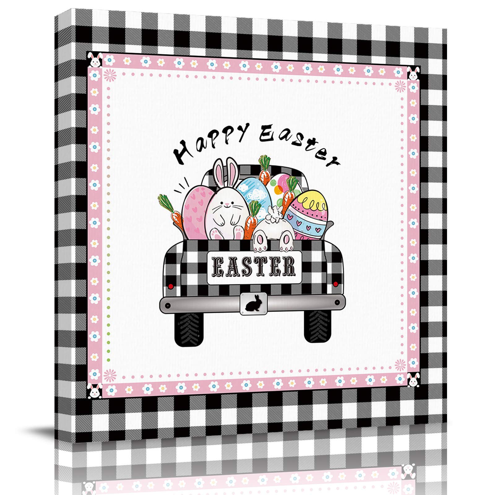 Easter Bunny Eggs Truck Black and White Plaid Canvas Wall Art - 28x28 Inch Modern Home Decor for Living Room, Bedroom & Office - Perfect for Spring Decorations & Holiday Gifts