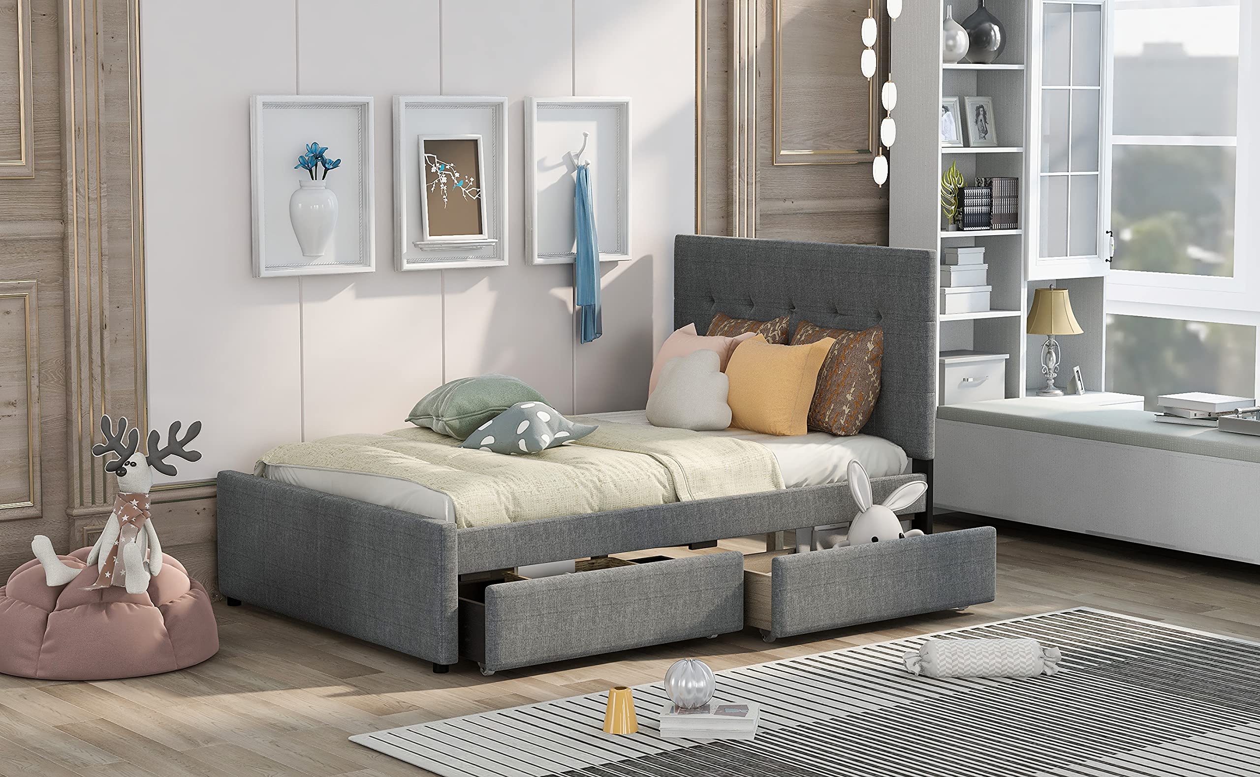 RUNNA Full Size Upholstered Platform Bed Frame with Headboard & 2 Storage Drawers - No Box Spring Needed Linen Daybed for Kids & Teens - Perfect for Small Bedrooms, Guest Rooms & Dormitories