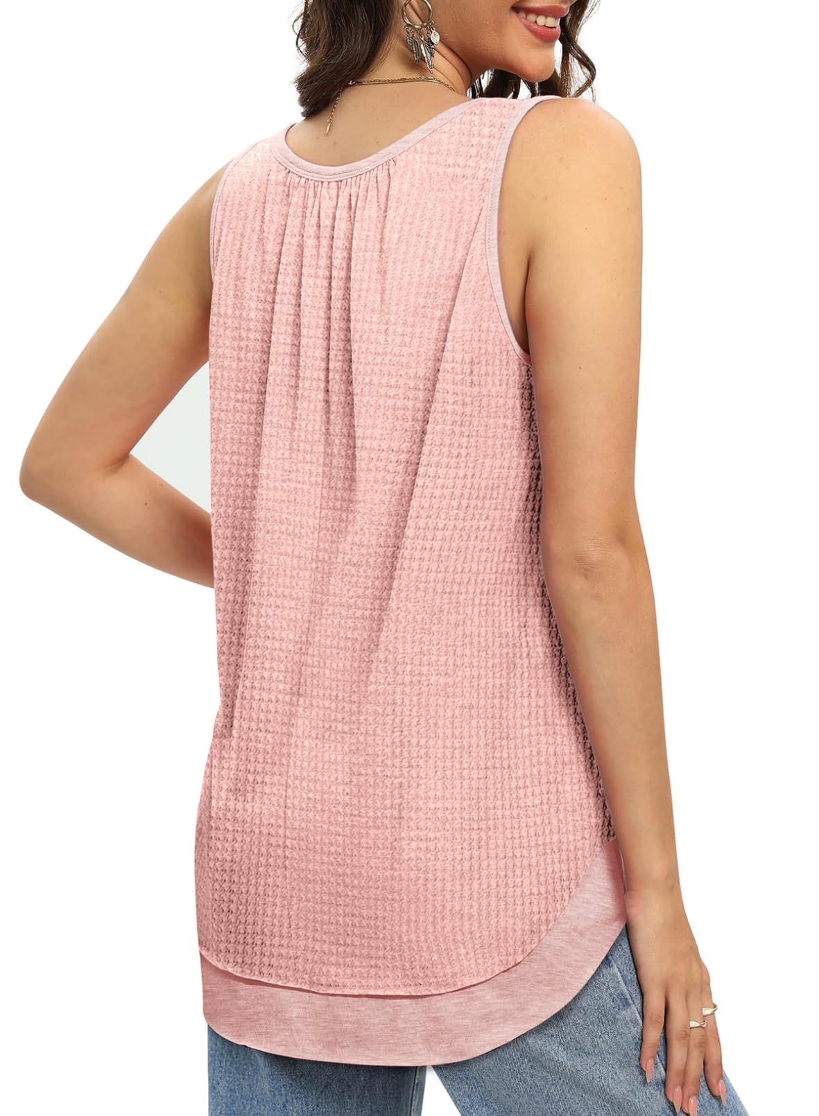 Dokotoo Women's Summer Tank Tops - Pleated Crewneck Waffle Knit Tunic Tops, Trendy Loose Fit Sleeveless Blouses for Casual Wear, Beach Outfits & Summer Fashion