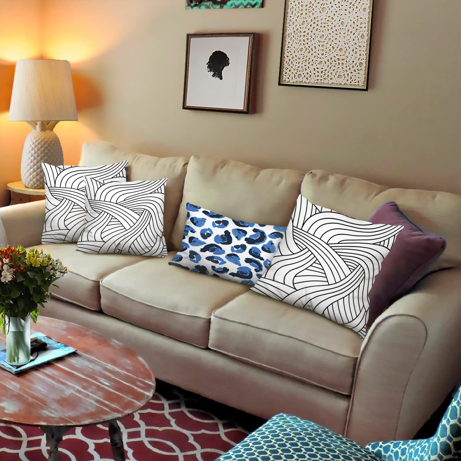 Shrahala Art Deco Black and White Pillow Covers Set of 2 - 20x20 Inch Square Decorative Cushion Covers for Sofa, Bedroom & Car - Modern Geometric Wallpaper Pattern Throw Pillows | Perfect for Home Decor, Living Room Accents & Cozy Interior Styling