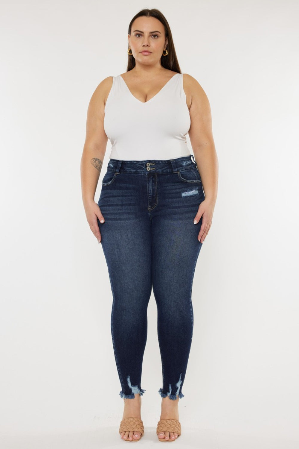 Kancan Women's High Waist Raw Hem Jeans - Full Size Stretch Denim Pants with Cat's Whiskers Design | Perfect for Casual Wear, Date Night & Everyday Outfits