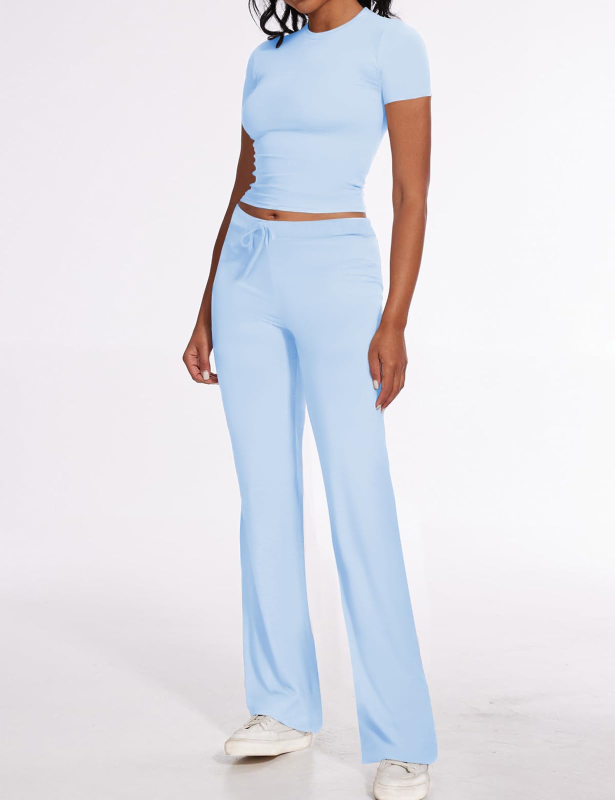 NANKEYSTAR Women's 2-Piece Lounge Set - Short Sleeve Crop Top & Flare Leg Pants Comfy Tracksuit Outfit | Perfect for Yoga, Home Wear & Casual Outings