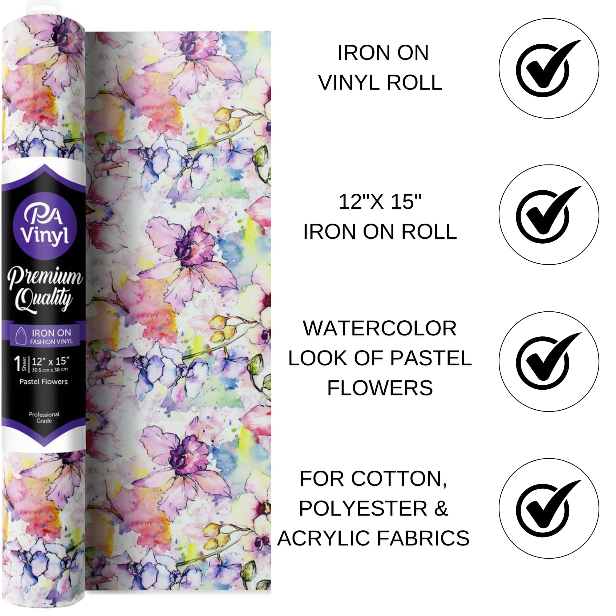 12x15 Iron On Vinyl Roll - Pastel Flowers Design for DIY T-Shirts, Tote Bags & Fabric Crafts | Heat Transfer Material for Custom Apparel