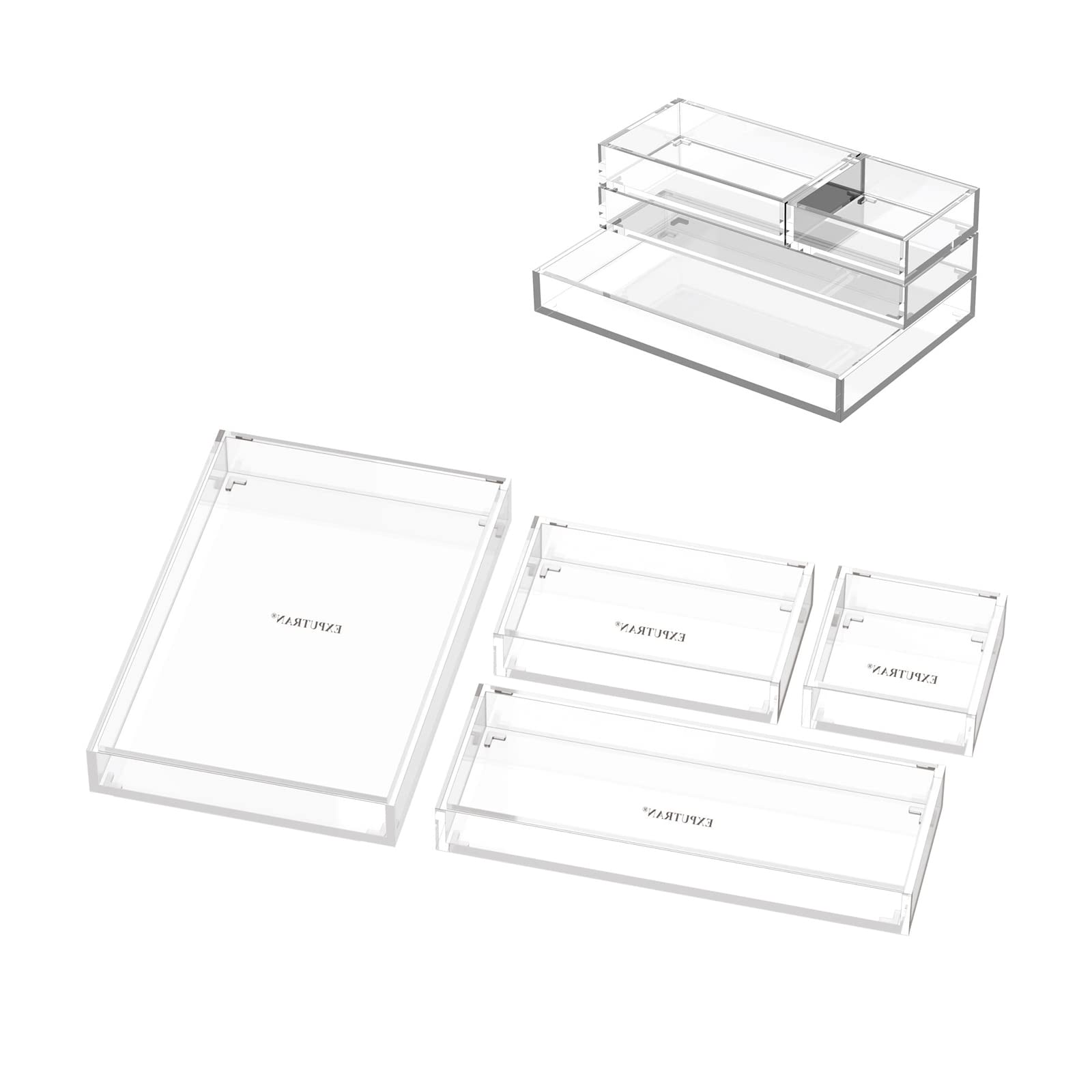 Clear Acrylic Desk Organizer 4-Pack - Stackable Drawer Dividers for Office, Home & Makeup Vanity | Small Tray & Half Accessory Tray for Jewelry, Stationery & Cosmetics Storage | Perfect for Workspace Organization & Beauty Essentials
