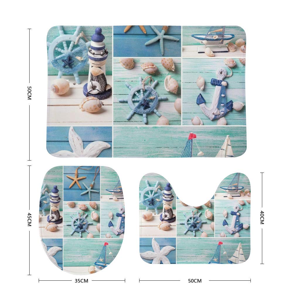 3 Piece Nautical Bathroom Rug Set - Non-Slip Anchor Starfish Sailboat Contour Mat & Toilet Lid Cover for Coastal Decor, Beach House Bathroom Accessories (Perfect for Guest Bathrooms & Seaside Themed Homes)
