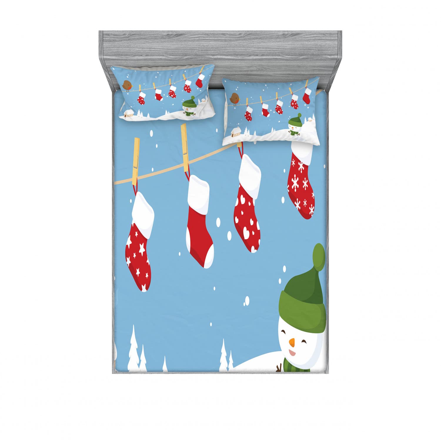 Ambesonne Christmas 2-Piece Queen Fitted Sheet Set with 4 Pillow Shams - Socks Hanging Bird Holiday Bedding Decor in White & Blue | Perfect for Guest Rooms, Holiday Home Staging & Cozy Winter Bedroom Makeover