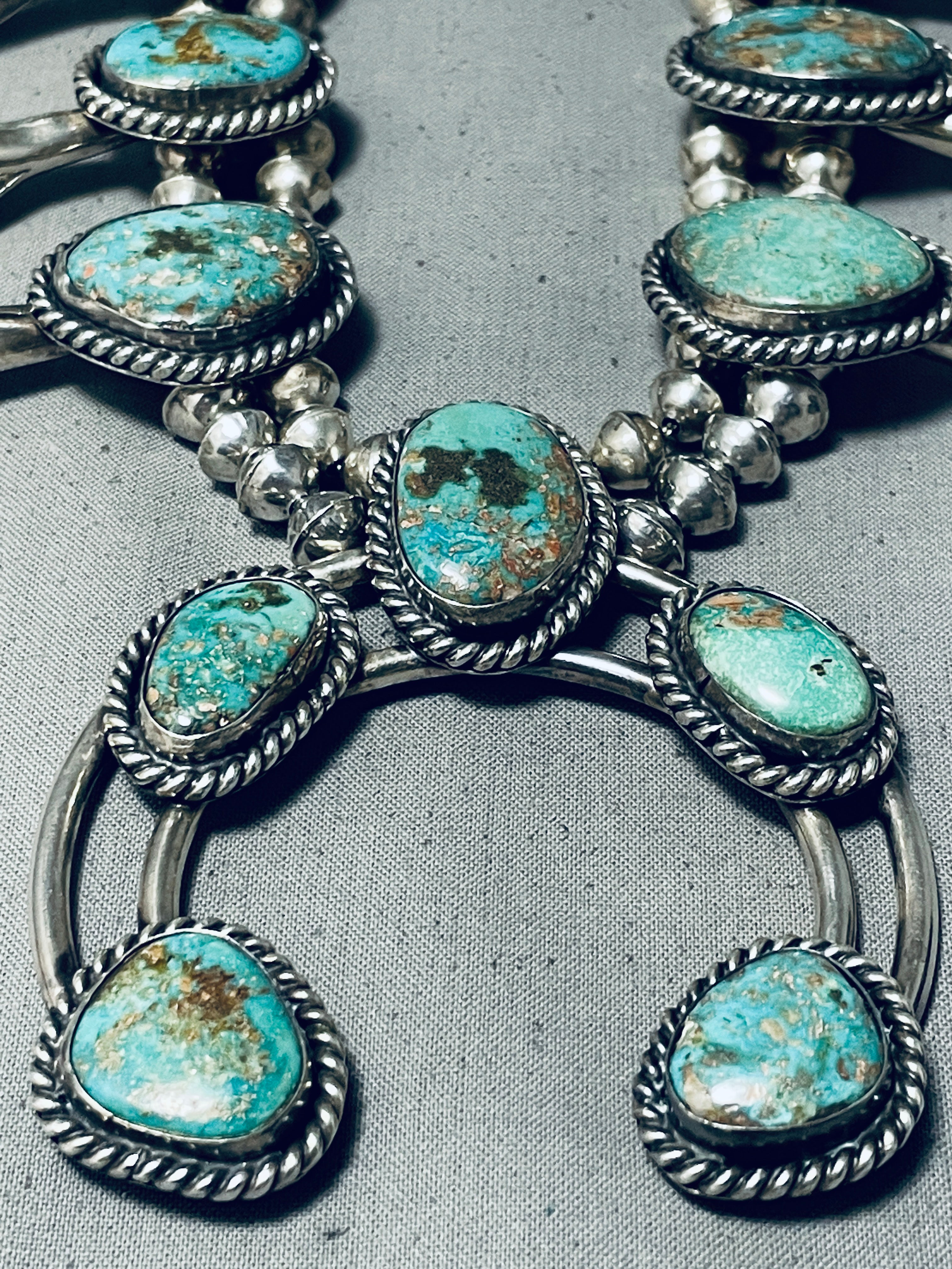 Vintage Navajo Turquoise Sterling Silver Squash Blossom Necklace - 243 Grams - Authentic Native American Jewelry for Women - Perfect for Boho Fashion, Weddings & Special Occasions