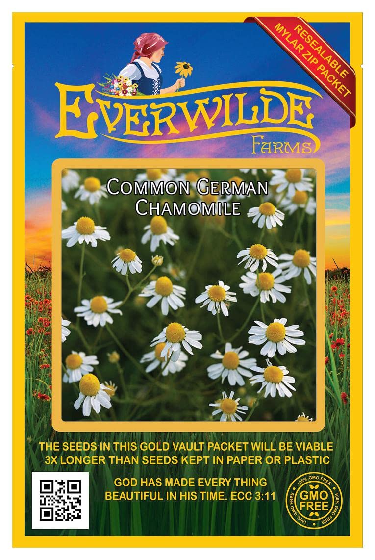 Everwilde Farms - 1000 Common German Chamomile Herb Seeds - Premium Gold Vault Jumbo Seed Packet for Tea, Aromatherapy & Garden Planting | Organic, Non-GMO, Heirloom Seeds