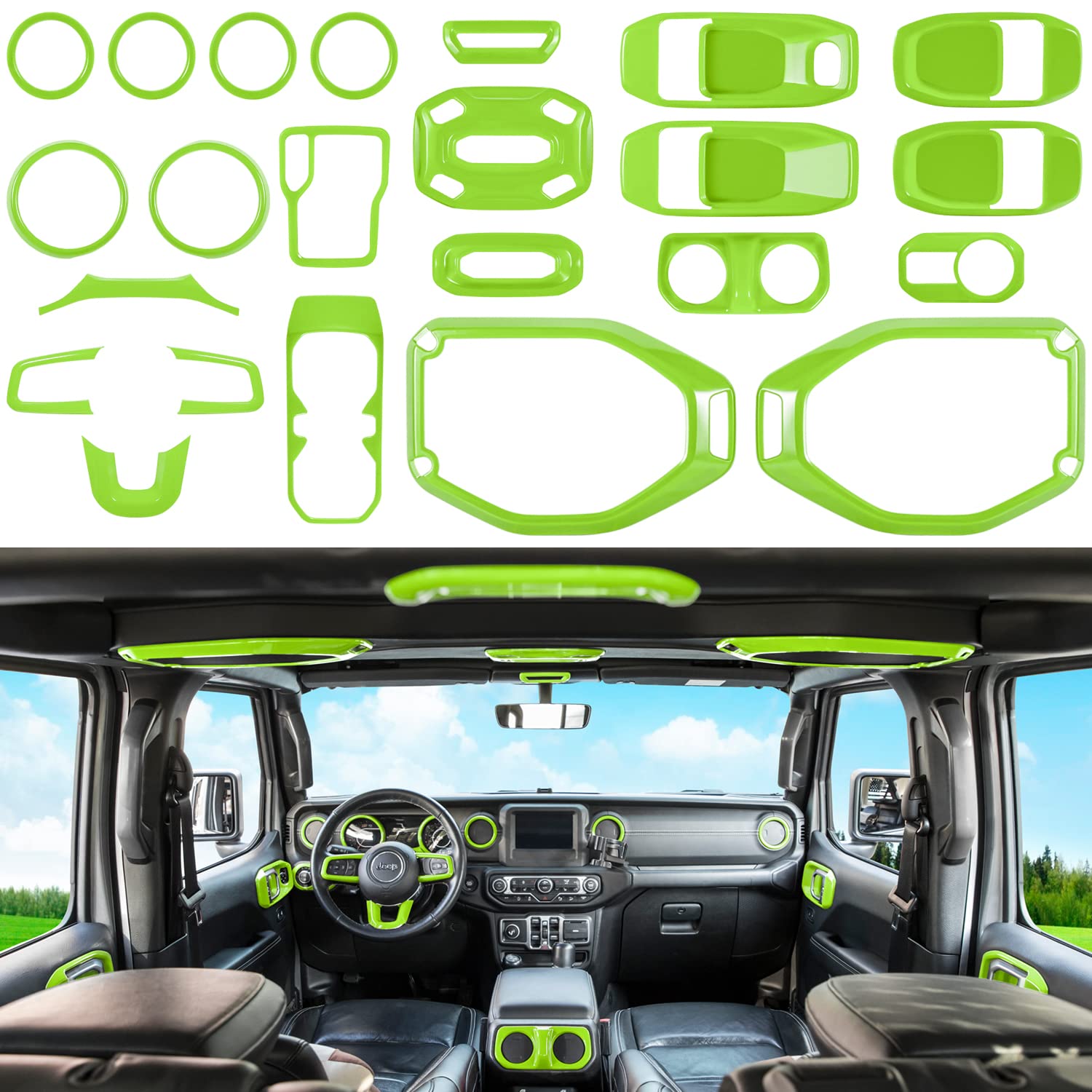 23PCS Full Interior Trim Kit for Jeep Wrangler JL JLU & Gladiator JT (2018-2023) - Steering Wheel, Door Handles, AC Vents, Cup Holders, Reading Light & Gear Cover in Green | Premium Car Accessories for Enhanced Style & Protection